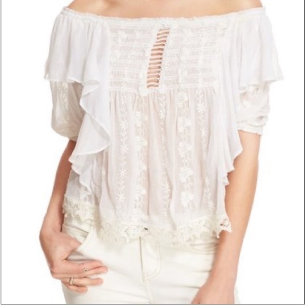 Free People Cream Lace Peasant Blouse with Ruffled Shoulders - Picture 13 of 16